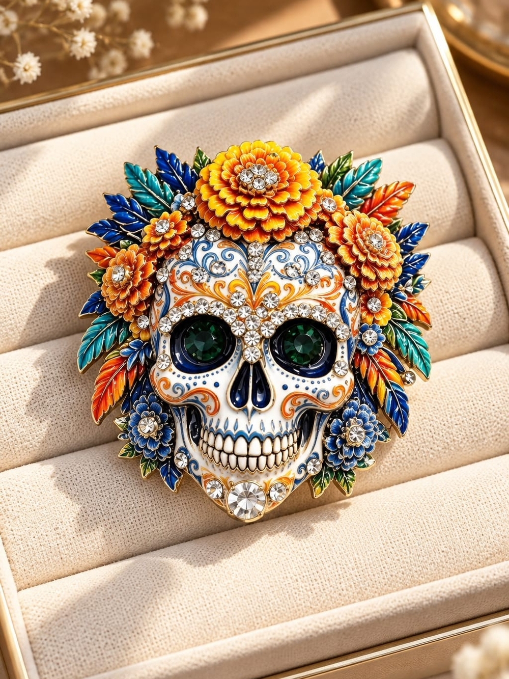 Floral Sugar Skull Brooch Pin - Orange & Multicolor - Picture 6 of 6